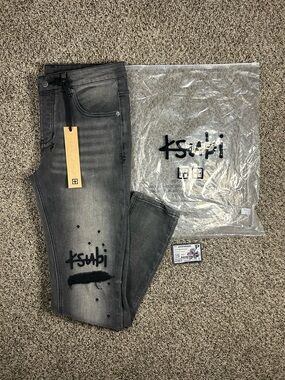 Ksubi Men's Grey Faded Skinny Jeans with Black Graphics